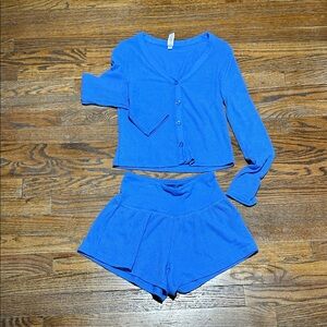 Blue Ribbed Button Cardigan & Shorts Set